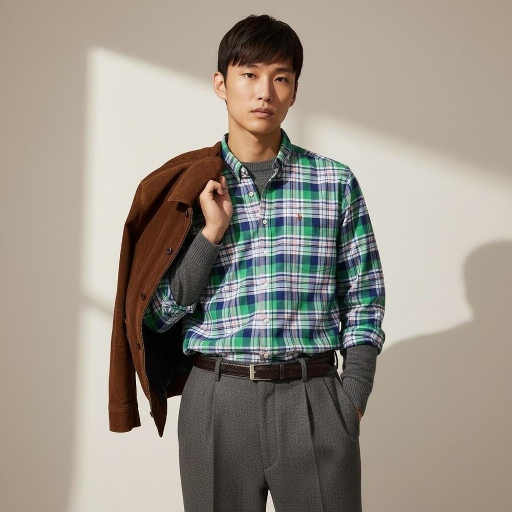 Ralph Lauren Plaid Preppy Oxford Button-Down Kelly Green Pink